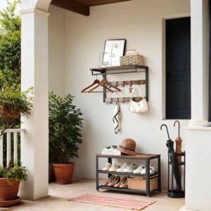 VASAGLE Vägghängd garderob-skobänk-set, vägghylla med krokar och hyllplan, skohylla med 3 nivåer