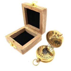 Brass compass with sundial in wooden box 1058