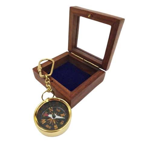 Brass key ring - compass in wooden box with glass top - KR30 - Image 2