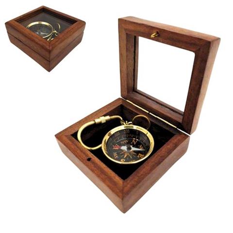 Brass key ring - compass in wooden box with glass top - KR30