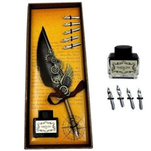 Retro kalligrafisæt med vintage gåsefjederpen + 6 penne + blæk – EE5