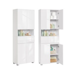 VASAGLE smalt högskåp med glasdörr och ben i molnvit