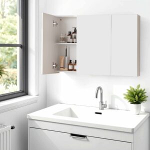 VASAGLE Spegelskåp, badrumsskåp, förvaringsskåp med 3 dörrar