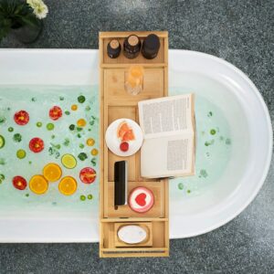 SONGMICS Bambusta valmistettu, säädettävä kylpyammeen hylly, kylpyammeen hyllyt, juomatelineellä, kirjatelineellä