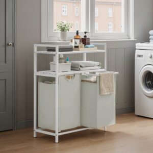 VASAGLE vasket?jskurv 2 rum, vasket?jskurv med 2 hylder, vasket?jspose, udtr?kkelig og aftagelig