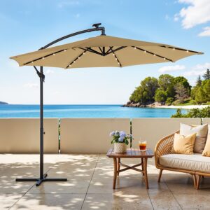 SONGMICS aurinkovarjo LED-aurinkovalolla, 300 cm halkaisija, 32 LED-lamppua