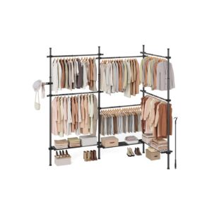 SONGMICS teleskopisk t?jstang med 6 st?nger og 3 hylder, mat sort