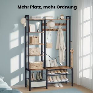 VASAGLE vaatekaappi kenkäpenkillä, vaatekaappi, 5 hyllytasoa lastulevystä