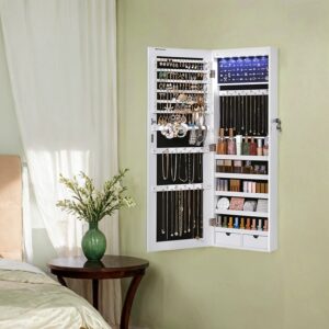 SONGMICS hängande smyckeskåp, spegelskåp med LED-belysning, väggskåp med helfigursspegel