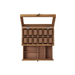 SONGMICS kellolaatikko, 12 lokeroa, massiivipuuta, pähkinänvärinen