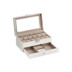 SONGMICS kellolaatikko, 12 lokeroa ja lasikansi, pilvinen valkoinen PU-päällinen, cappuccino-beige sisävuori