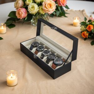 SONGMICS kellolaatikko, 6 lokeroa, lasikansi