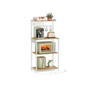 VASAGLE kitchen shelf with sockets and 4 levels, golden oak color-matt white