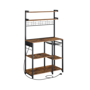 VASAGLE Standing Shelf with Power Sockets and Basket Vintage Brown-Ink Black
