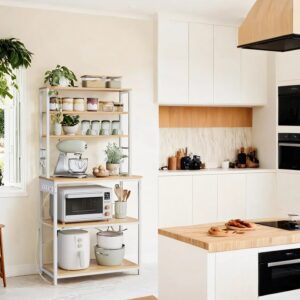 VASAGLE kitchen shelf with sockets golden oak color-cloud white