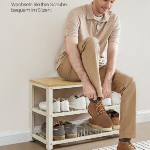 VASAGLE shoe bench with 2 mesh shelves in oak beige and classic white