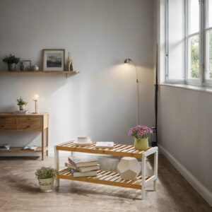 SONGMICS bamboo shoe rack with 2 levels, white-natural color