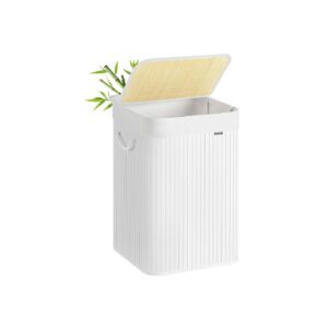 SONGMICS Bamboo laundry basket with lid and handles, white