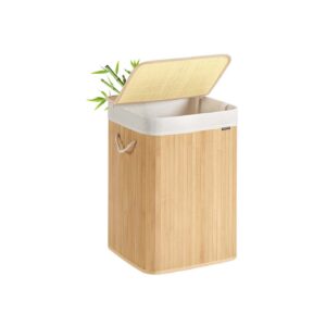 SONGMICS Bamboo Laundry Basket with Lid and Handles, Natural Color