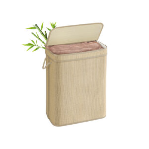 SONGMICS 90-liter bamboo laundry basket with lid, natural color