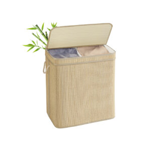SONGMICS 130-liter bamboo laundry basket with 2 compartments and lid, natural color