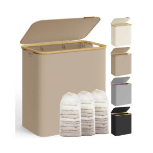 SONGMICS Laundry Basket 150 L with Lid and 3 Compartments 60 x 38.5 x 70.5 cm Camel Brown