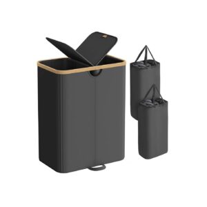 SONGMICS laundry basket with two compartments and lid, ink black and natural beige