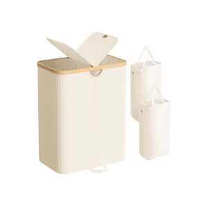 SONGMICS laundry basket with two compartments and lid, cream white and natural beige