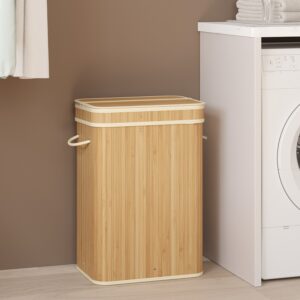 SONGMICS Laundry basket with lid, bamboo laundry collector, laundry bag with handles, removable and machine washable