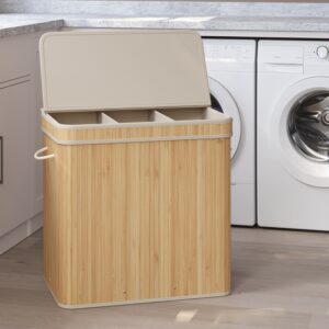 SONGMICS Laundry basket with lid, bamboo laundry collector, laundry bag with handles, removable and machine washable
