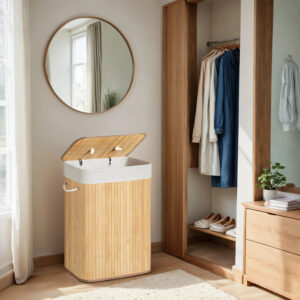 SONGMICS Laundry Basket with Lid, 72 L, Bamboo Laundry Collector