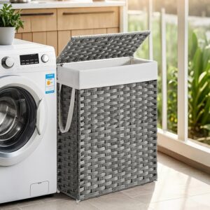 SONGMICS kapea pyykkikori, pyykkikori 55 l, kannella ja kahvoilla