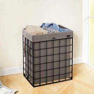 SONGMICS laundry basket 90 L foldable metal wire frame black-camel brown