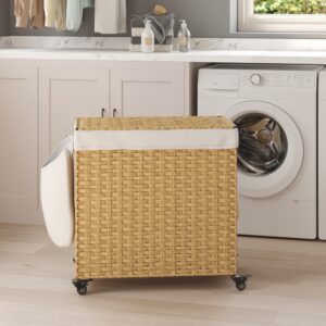 SONGMICS laundry basket with 3 compartments, natural color