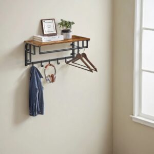 VASAGLE wall coat rack with shelf, wall shelf, wall-mounted hanging shelf with hanging rod