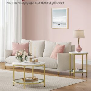 VASAGLE soffbord 2 nivåer med glasplatta marmorvit-ljus guld