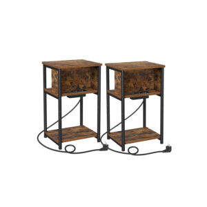 VASAGLE yöpöytä pistorasioilla, kapea, vintage-ruskea-musta