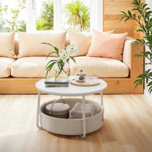 VASAGLE soffbord med korg i tyg, mattvit-kamelbrun