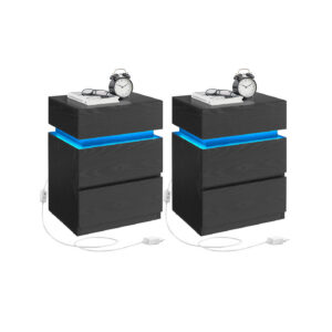 VASAGLE Yöpöytä 2 kpl, LED-valaistus ja 3 laatikkoa, musta