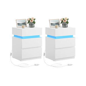 VASAGLE Yöpöytä 2 kpl, LED-valaistus ja 3 laatikkoa, valkoinen