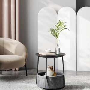 VASAGLE Side Table with Fabric Basket Ebony Black-Slate Gray
