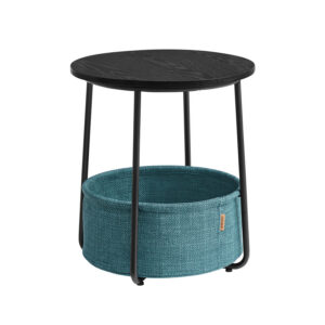 VASAGLE Round Side Table with Fabric Basket Black Wood Look-Dark Turquoise