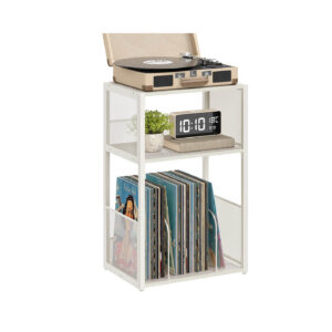 VASAGLE Turntable Stand with 3 Shelves for up to 100 Albums, White