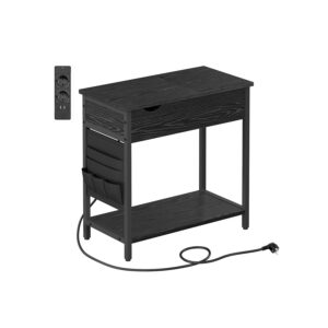 VASAGLE Side table with power outlet and USB ports, black with wood grain