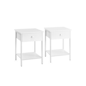 VASAGLE Set of 2 Side Tables with Drawer and Shelf, Matte White