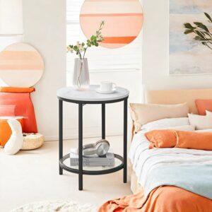 VASAGLE Side Table 2 Levels in White Marble Look with Black Frame