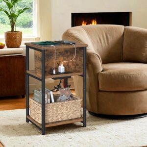 VASAGLE Side Table, Small Nightstand with Power Strip, Narrow