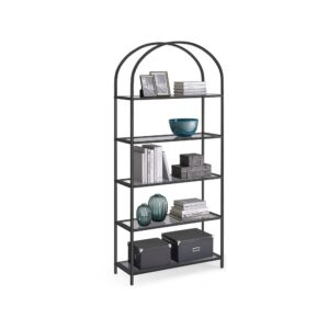 VASAGLE shelf with 5 shelves made of tempered glass and metal, black-gray