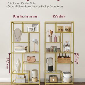 VASAGLE kirjahylly, 6 hyllyä, kultainen-läpinäkyvä