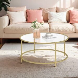 VASAGLE Round coffee table with glass top